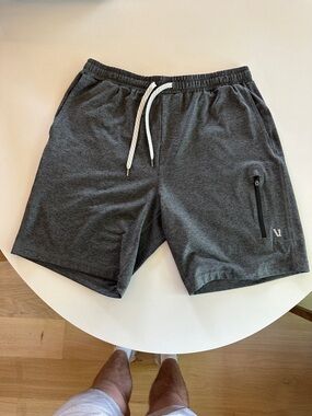 Vuori Dark Charcoal Athletic Shorts with White Drawstring
